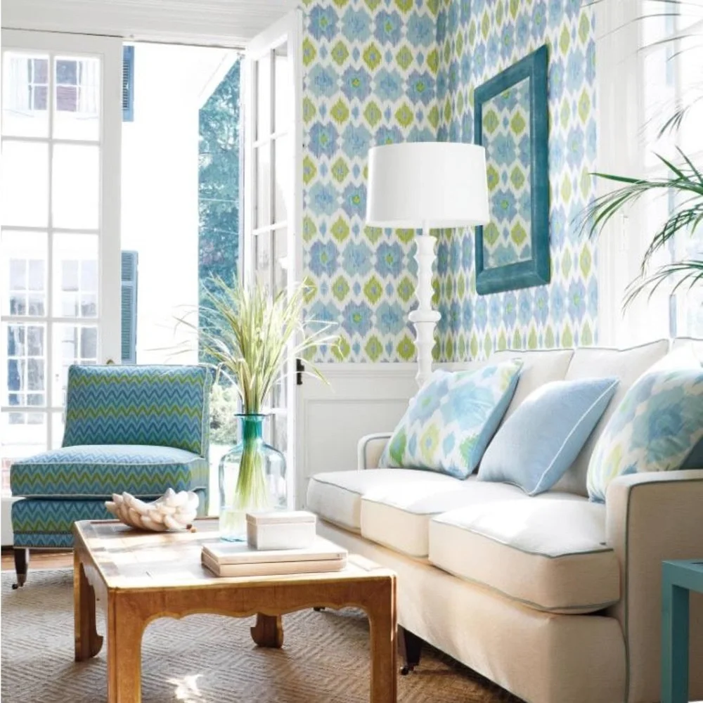 THIBAUT Bimini Ikat Blue And Green Wallpaper NEW IN PACKAGING Wallcovering